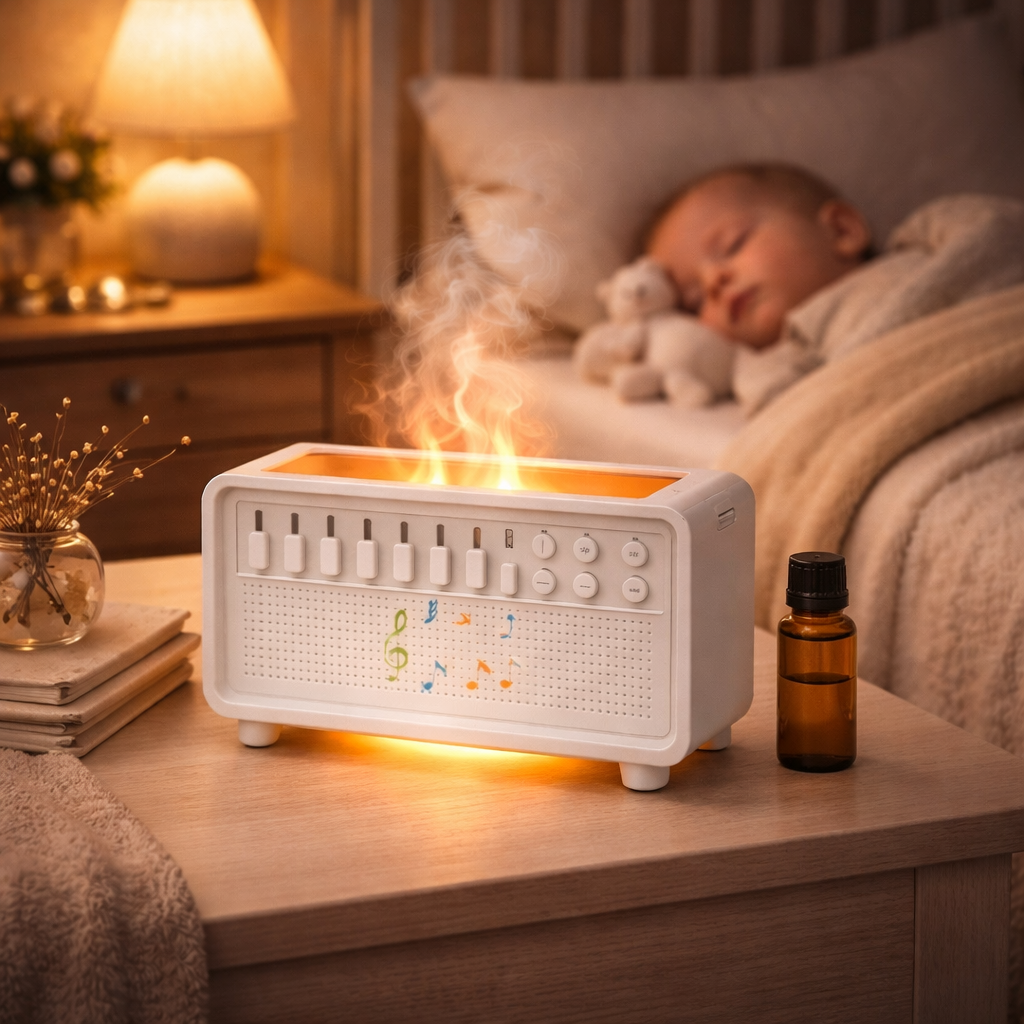 BABY SLEEP AROMA DIFFUSER WITH FLAME LIGHT & WHITE NOISE – USB HUMIDIFIER