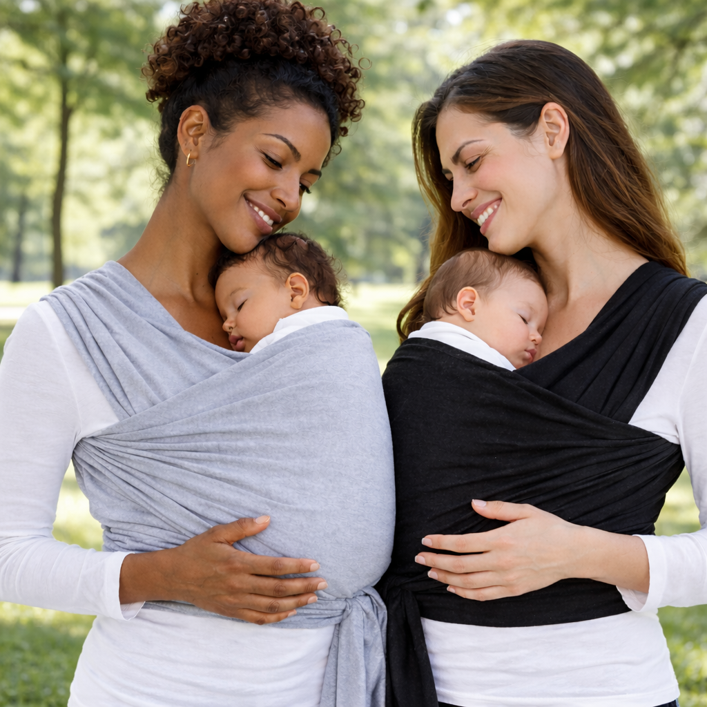 Two women holding babies in baby carriers outdoors.
