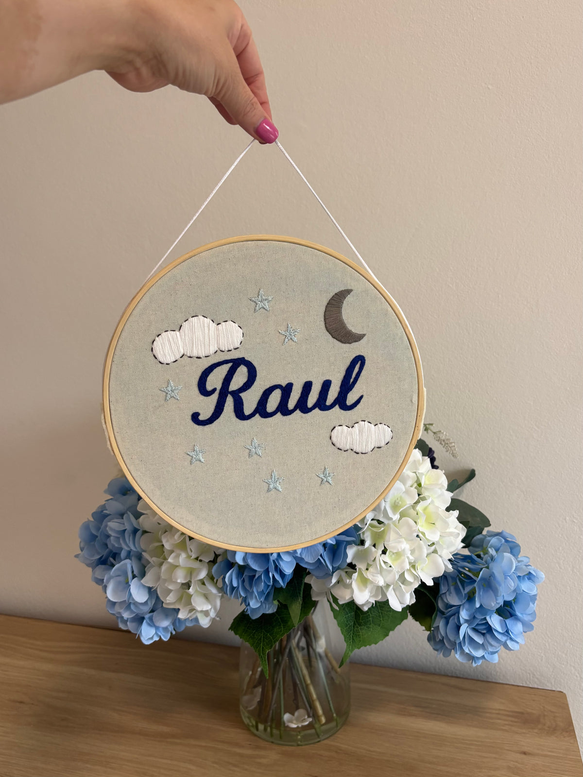 Hand-Embroidered Name Hoop – Raul’s Dreamy Night Theme