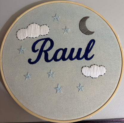 Hand-Embroidered Name Hoop – Raul’s Dreamy Night Theme