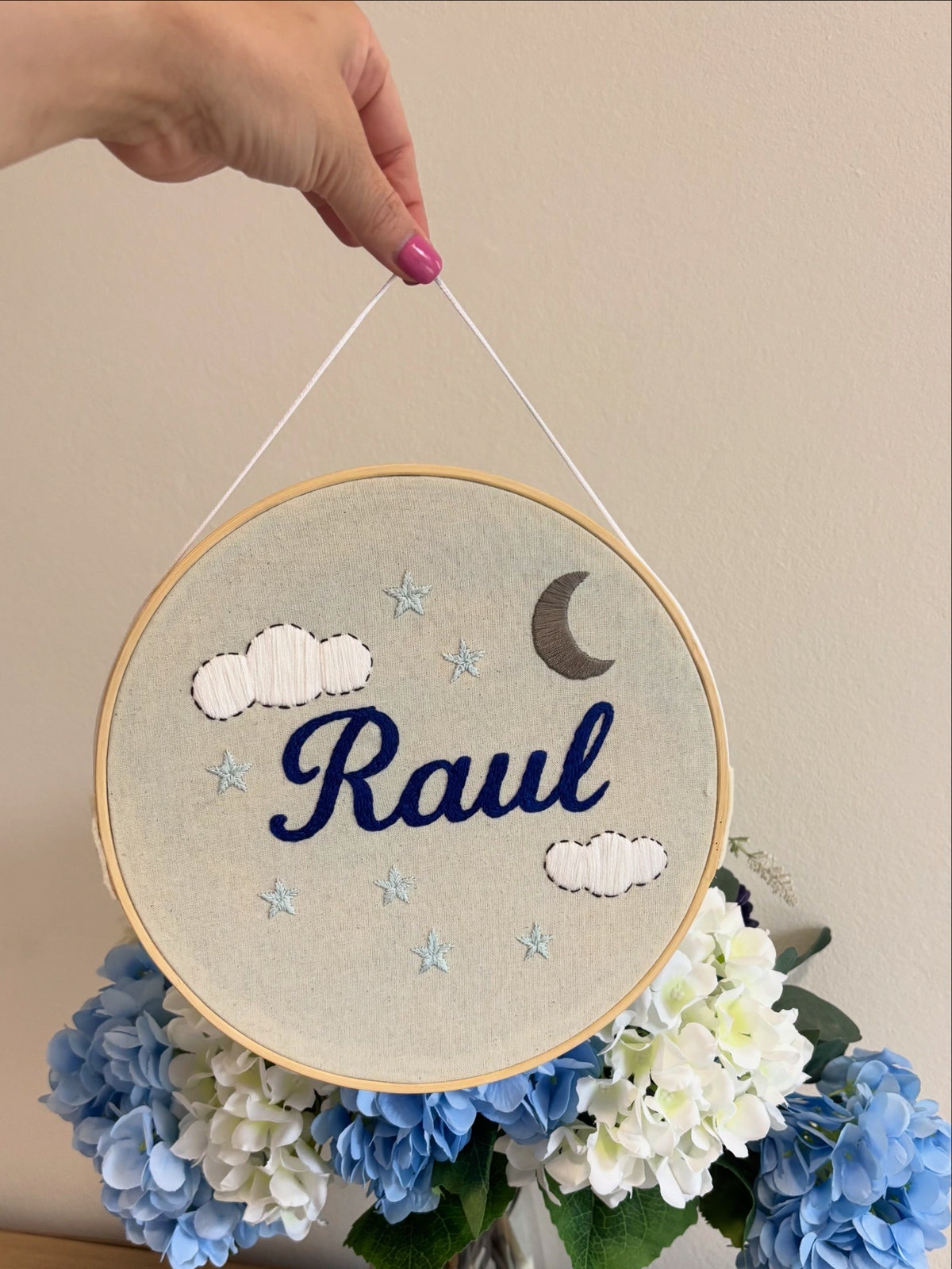 Hand-Embroidered Name Hoop – Raul’s Dreamy Night Theme