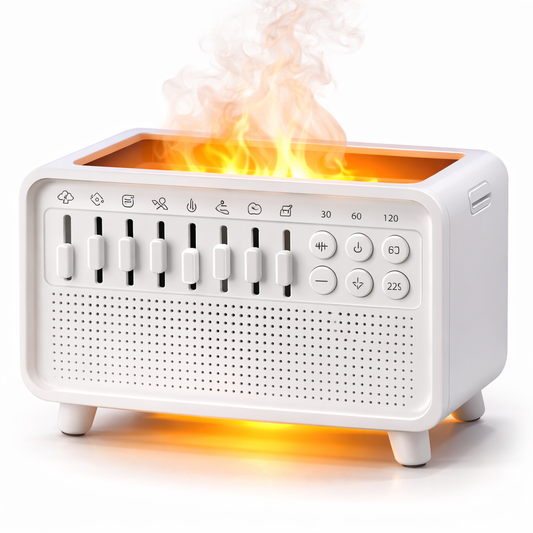 White electronic device with flame effect on a white background