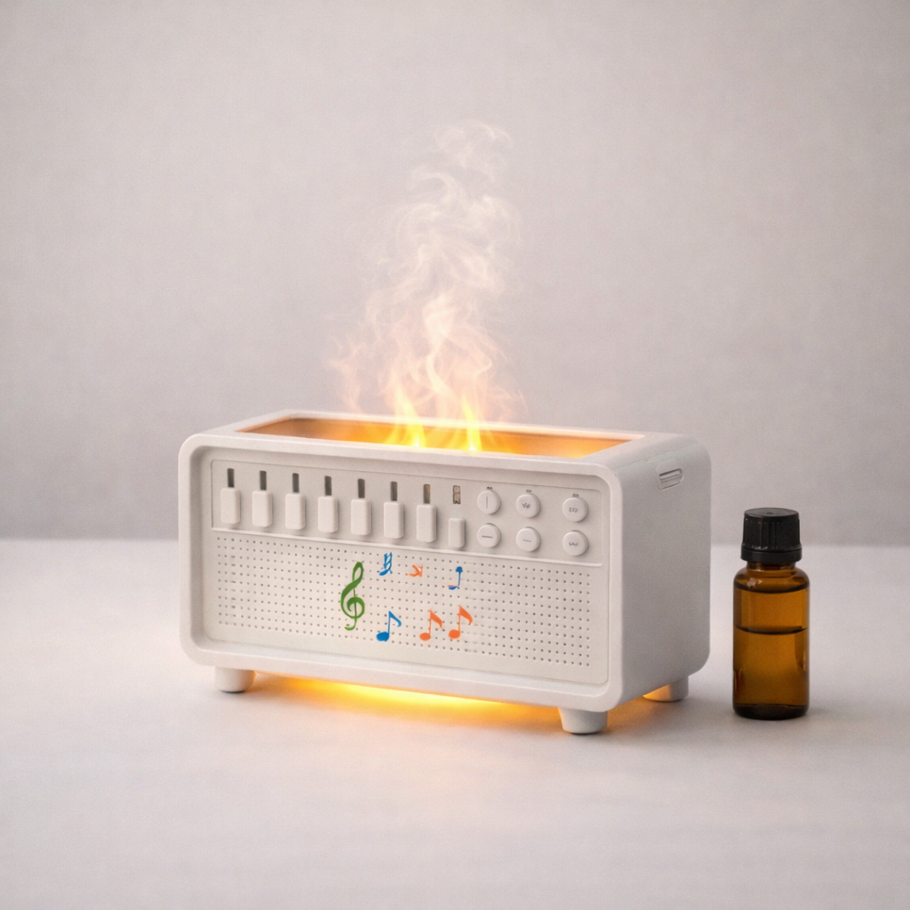 BABY SLEEP AROMA DIFFUSER WITH FLAME LIGHT & WHITE NOISE – USB HUMIDIFIER