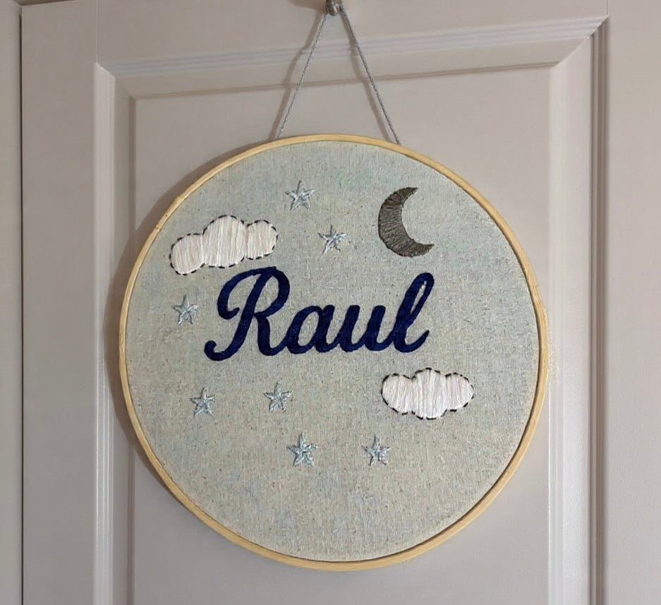 Hand-Embroidered Name Hoop – Raul’s Dreamy Night Theme