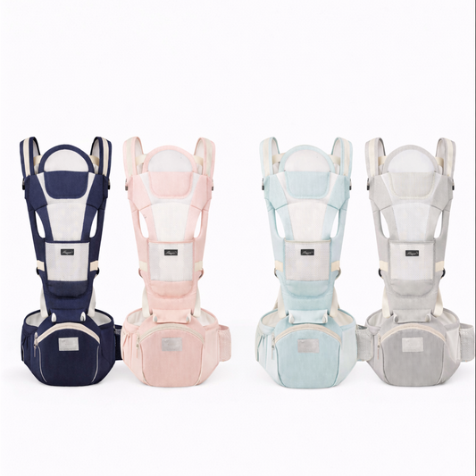 Four baby carriers in different colors on a white background