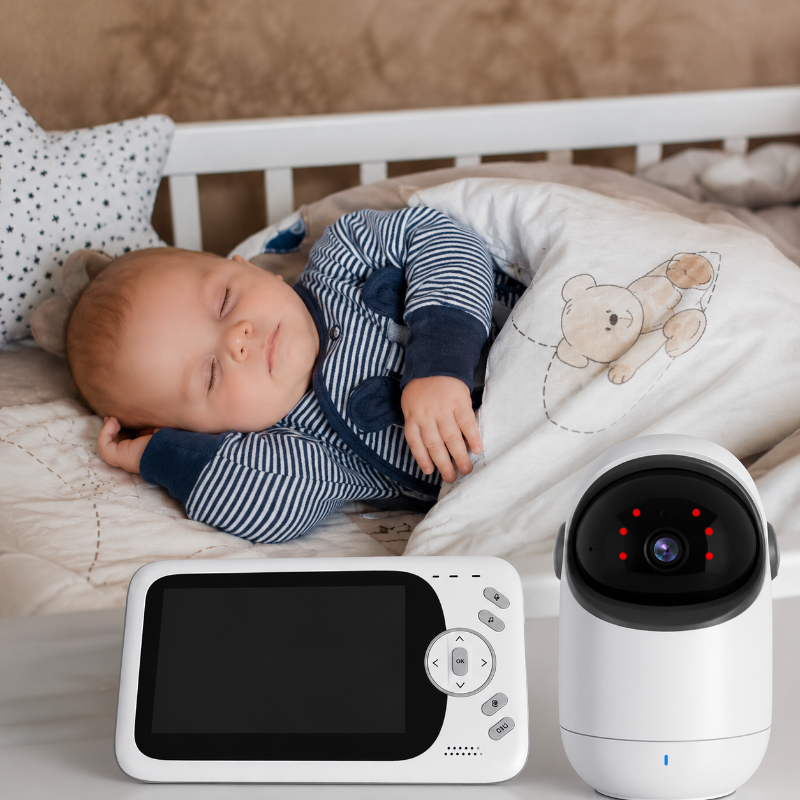 A baby sleeping soundly in a white crib, with a white security camera and video monitor placed in the foreground. The room has warm beige walls and bedding with a teddy bear print.