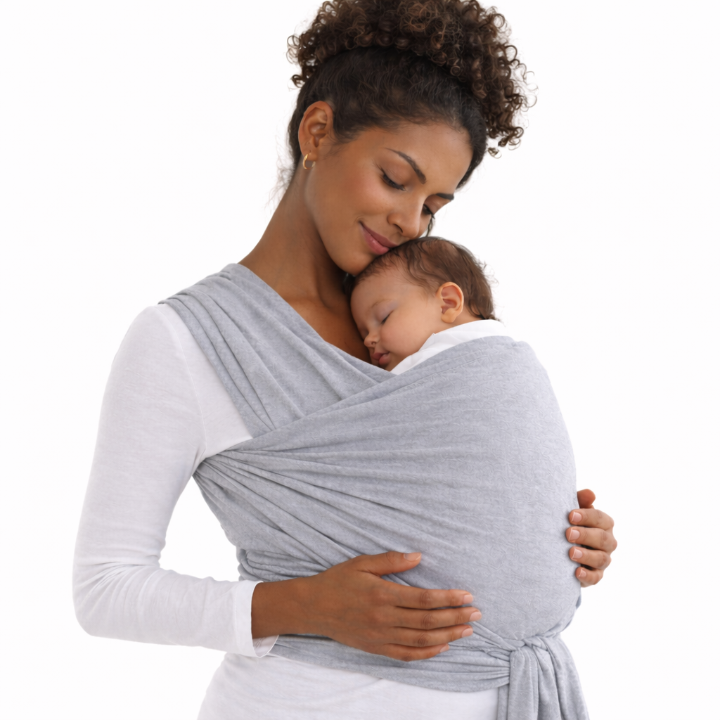 Woman holding a baby in a gray wrap against a white background