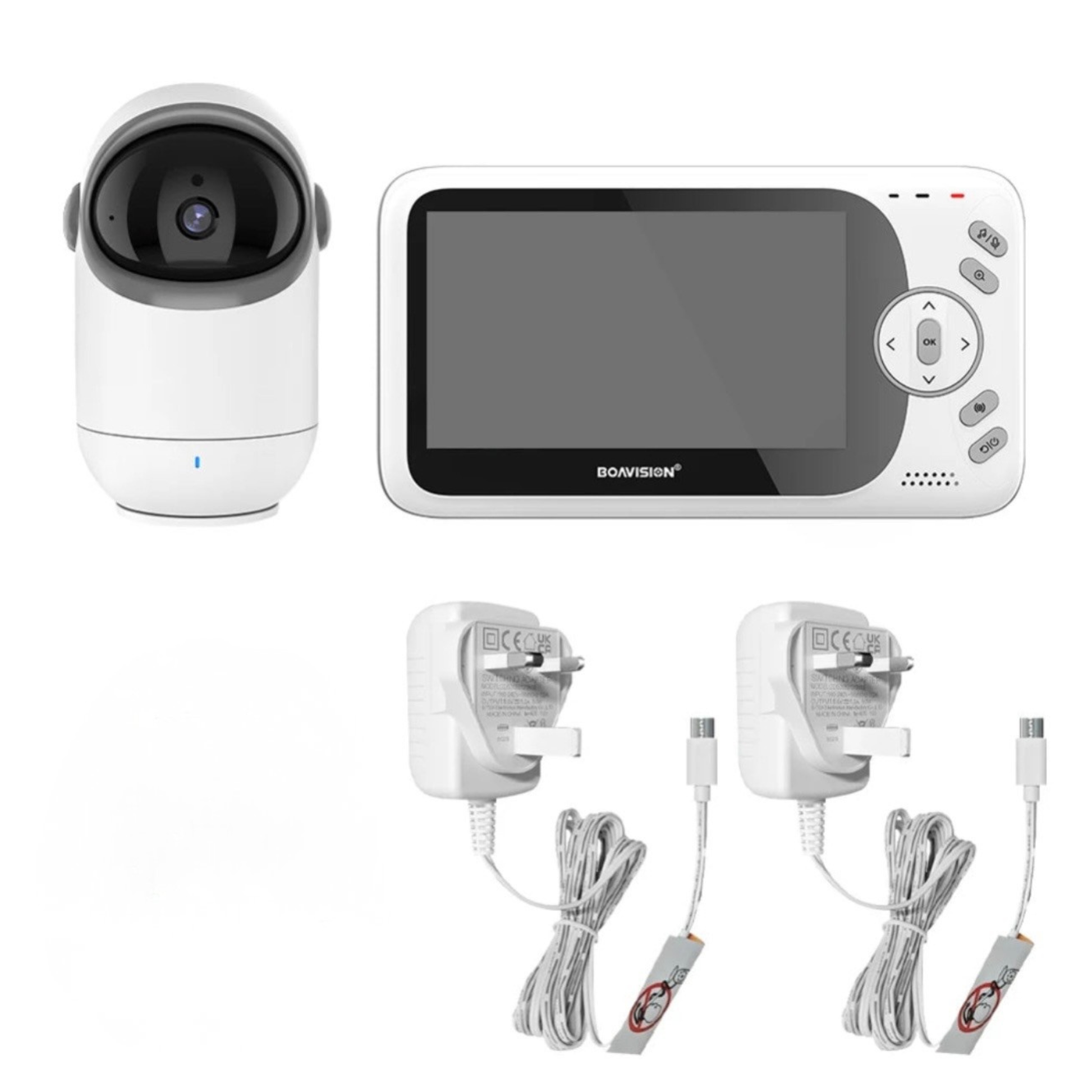 Baby monitor system with camera, display, and power adapters on a white background