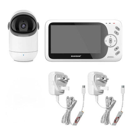 Baby monitor system with camera, display, and power adapters on a white background