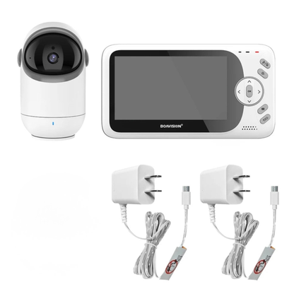 Baby monitor system with camera, display, power adapters, and cables on a white background