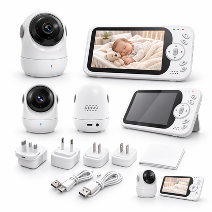 Baby monitor system with cameras, display, and accessories on a white background
