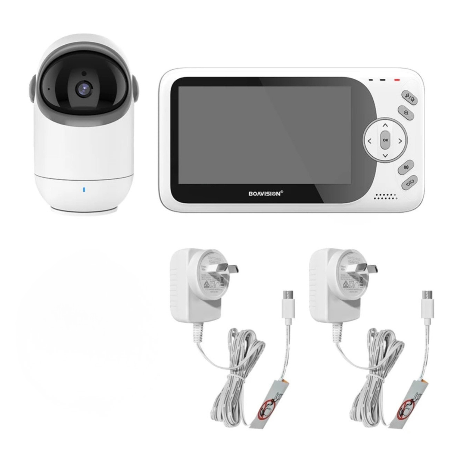 Baby monitor system with camera, display, power adapters, and cables on a white background