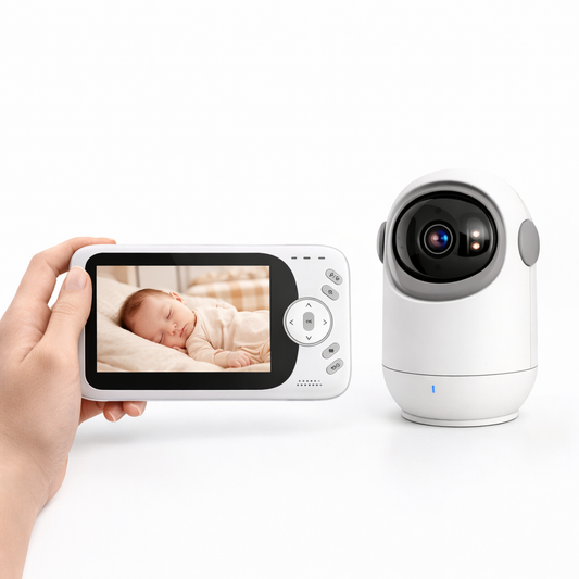 Baby monitor with digital display showing a sleeping baby, held by a hand.