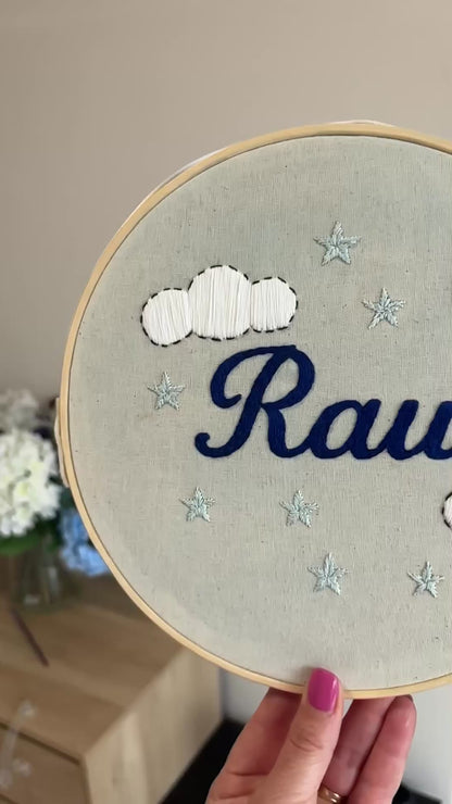 Hand-Embroidered Name Hoop – Raul’s Dreamy Night Theme