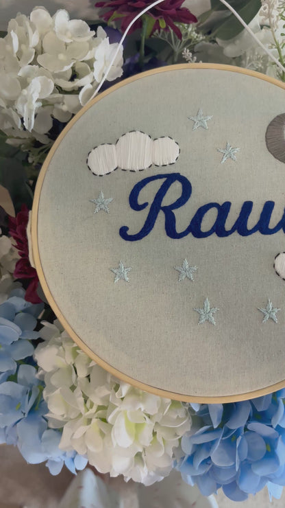 Hand-Embroidered Name Hoop – Raul’s Dreamy Night Theme