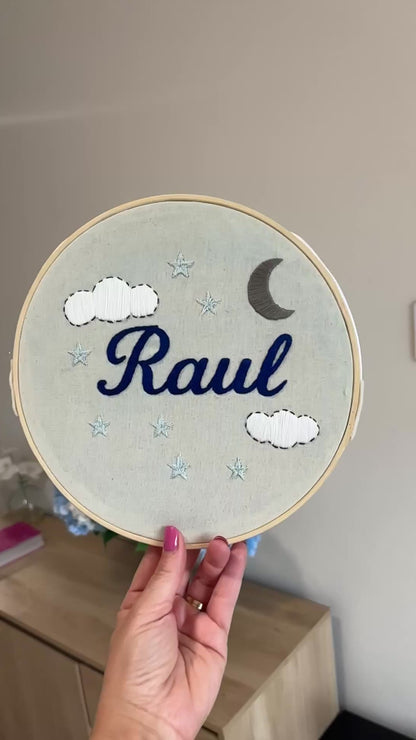 Hand-Embroidered Name Hoop – Raul’s Dreamy Night Theme
